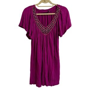 FYLO Womens Magenta Embellished V-Neck Flutter Sleeve Tunic‎ Top Size Large